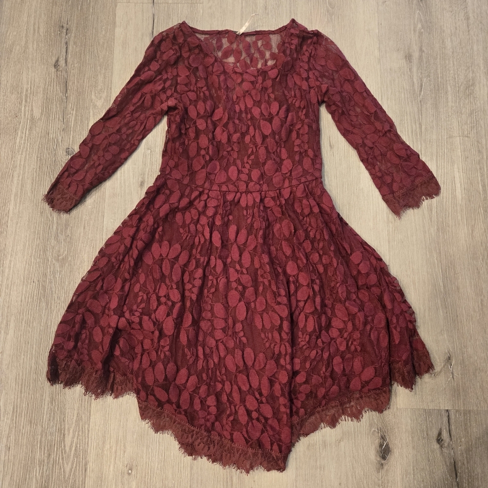 Free People Floral Sheer Lace  Lined Burgundy Dress Womens Sz 0 - Picture 2 of 6
